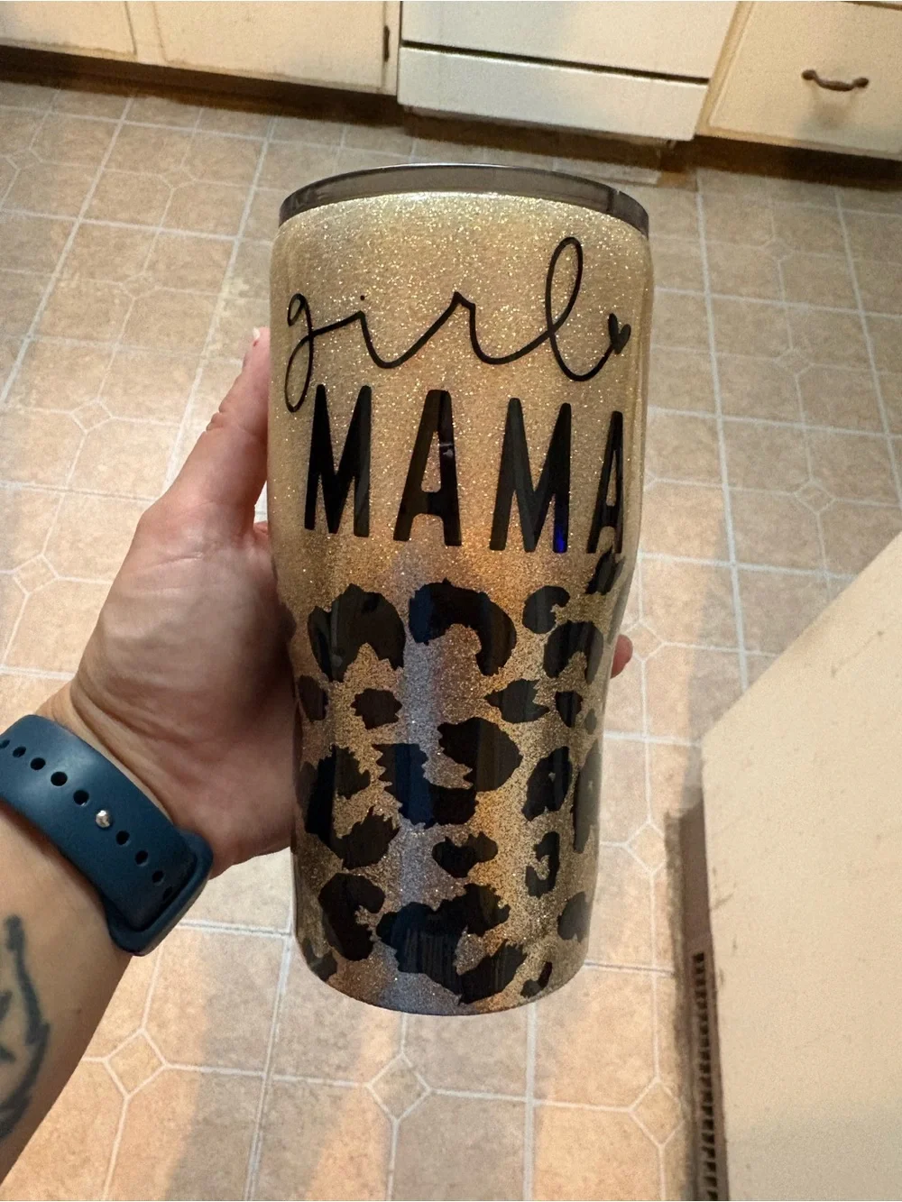 Girl Mama Glitter Leopard Tumbler - Gold